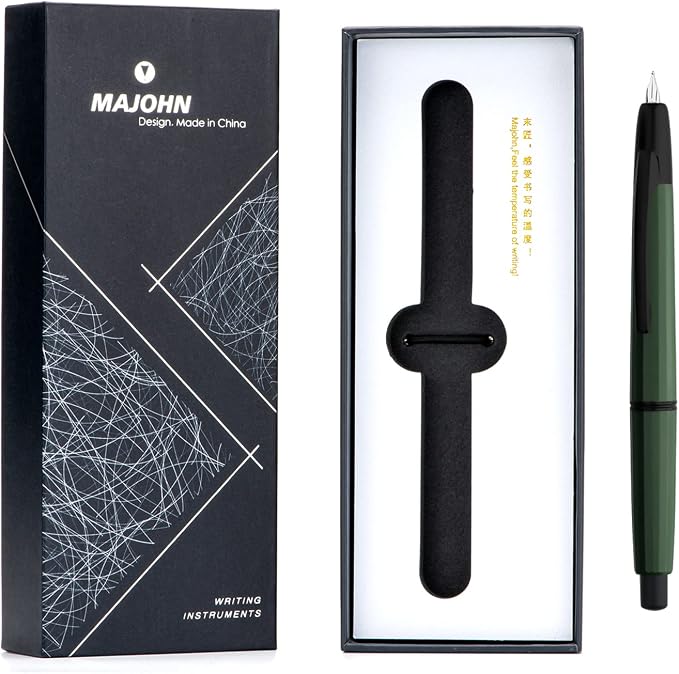 erofa Majohn A2 Press Fountain Pen Extra Fine Nib with Box, Retractable Green Resin Ink Pen with Converter Writing Set (Black Clip Version