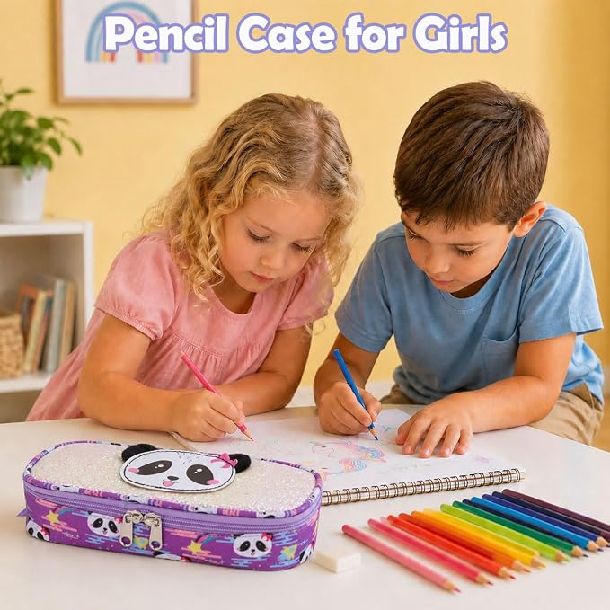 RHCPFOVR Kids Pencil Case for Girls-Soft Zipper Large Capacity Pencil Pouch for Girls Pencil Case for School Pencil Bag for Toddler (Purple-Panda)