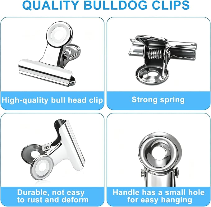 60 Pcs Metal Bulldog Clips, Silver Bull Binder Clips Mini, Tiny Metal Binder Paper Clips for Tags Bags, Pictures Photos, Wire Grid Wall Decor, Office and Home Kitchen (Silver 22mm)