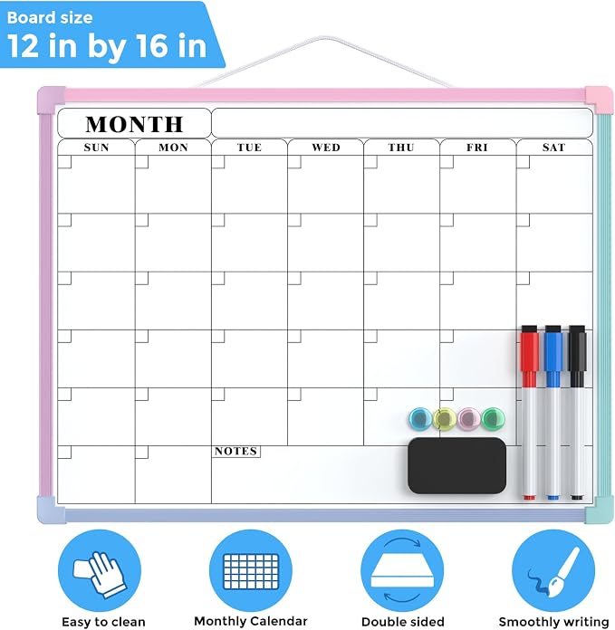 MaxGear Monthly Calendar Dry Erase Board for Wall, 16"x12", Macaron Frame | Double-Sided, Hanging Small White Board, Portable Whiteboard for Planning, Drawing, Memo, to Do List, Home, Kitchen, Office