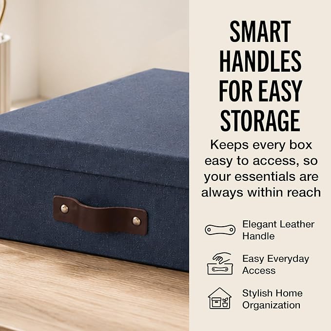 Bigso Oskar Canvas Fiberboard Document Letter Box - File Organizer Box for Important Paperwork - Document Storage with a Lid & Leather Handle - 3.3 in x 10.2 in x 13.8 in - Blue