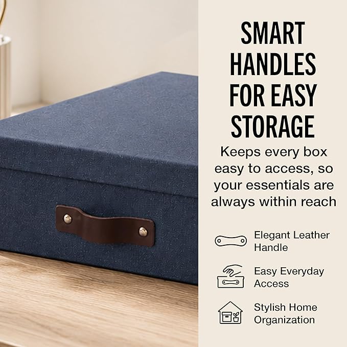 Bigso Oskar Canvas Fiberboard Document Letter Box | File Organizer Document Box for Important Paperwork | Document Storage Box with a Lid & Handle | 3.3″x10.2″x13.8″ | 3 Pack | Blue