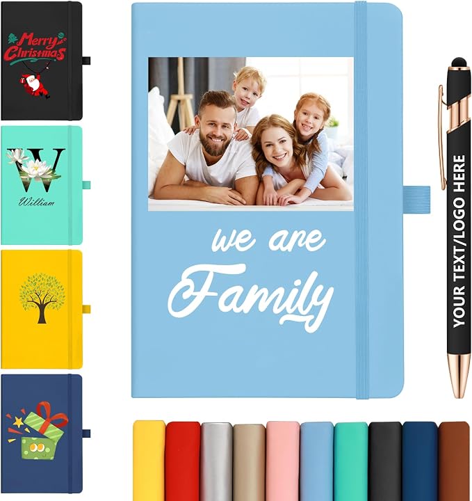 ENOMY Personalized Notebook &10 PC Pens Set A5 Journal Hardcover Custom Notebook 200 Lined Pages Business Notebook with Pen Holder for Holiday College Birthday Business Gift, Sky Blue