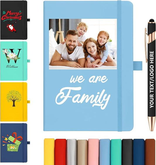 ENOMY Personalized Notebook &10 PC Pens Set A5 Journal Hardcover Custom Notebook 200 Lined Pages Business Notebook with Pen Holder for Holiday College Birthday Business Gift, Sky Blue