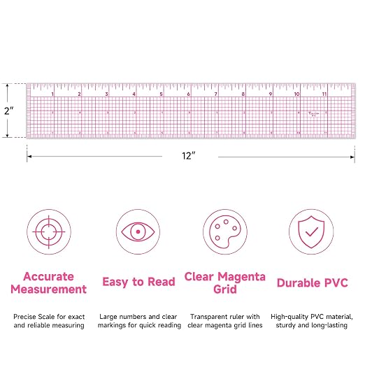 YLAZIION Clear Ruler for Sewing 2x12 Inch Easy Read Grid Graph Ruler 1.4mm | Upgraded Rose Red Markings, Flexible Plastic Ruler for Pattern Grading, Tailoring & Quilting, 16THS Enlarged Scale for Sewing