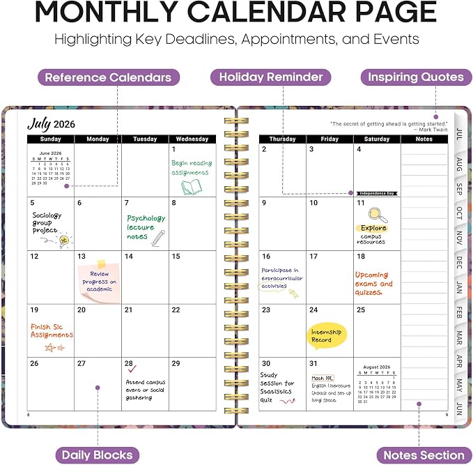 Planner 2026-2027, Academic Year Weekly and Monthly Calender Planner, from Jul 2026 - Jun 2027, Spiral Bound School Planning Book, Perfect for Teacher, Student, Women & Men, A4 (8.5" x 11"), Lavendar Floral