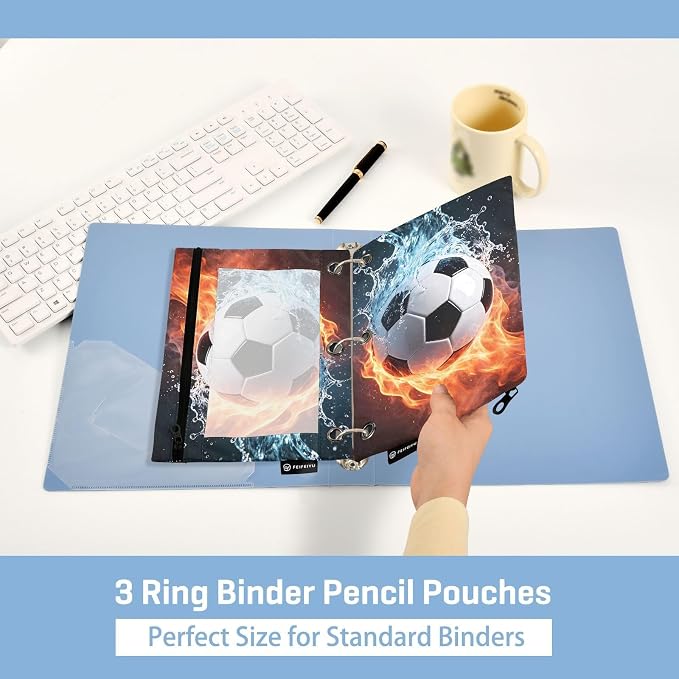 ALAZA Pencil Pouch for 3 Ring Binder, Fire Soccer Binder Pencil Pouches with Clear Window Zipper Pencil Case Cosmetic Bags for Office College Supplies, 2PCS