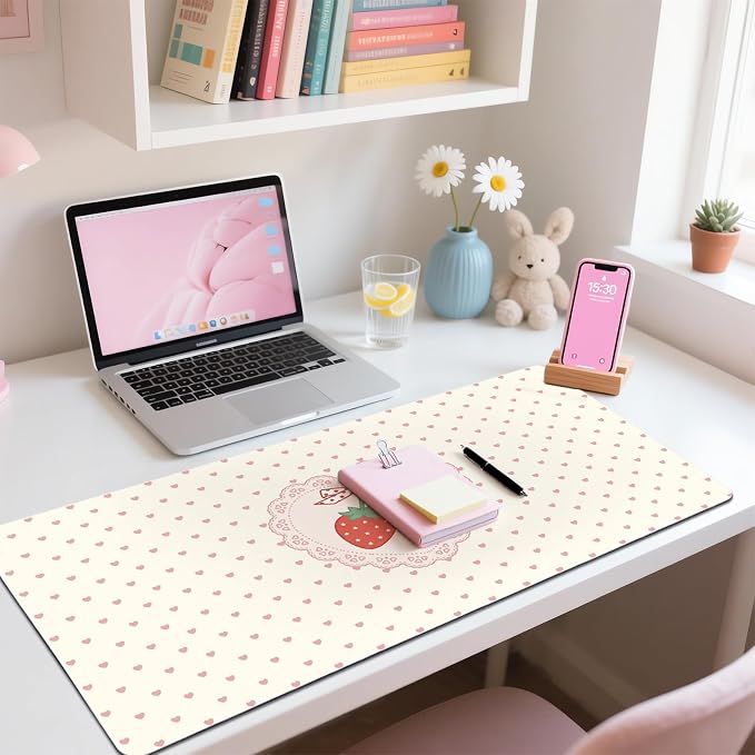 Strawberry Love Heart Leather Desk Mat Extended Gaming Mouse Pad | Non-slip Large Writing Pad Laptop Blotter Computer Keyboard Mat | Cute Desk Protector for Home Office 31.5" x 15.7"