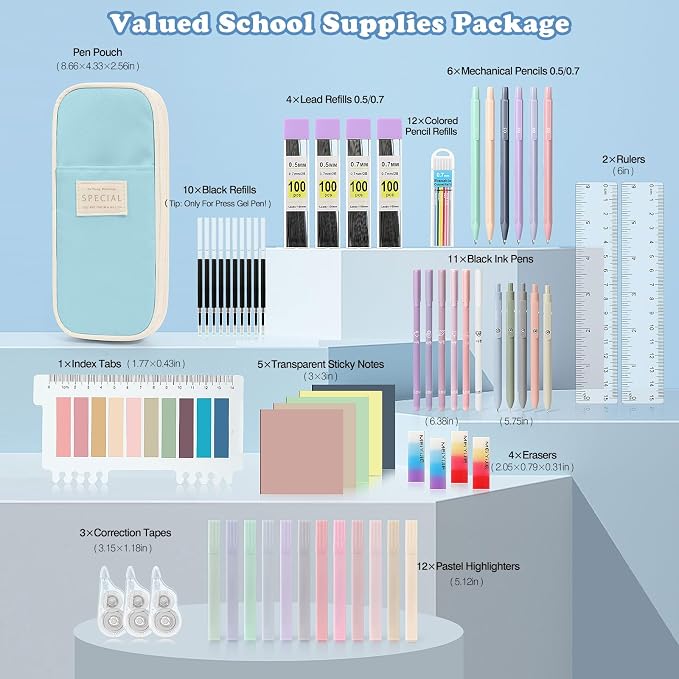 MoKo Pencil Case with Supplies, 60Pcs Aesthetic School Set, Blue | Includes highlighters, gel and ballpoint pens, mechanical pencils, refills, sticky notes, correction tapes and rulers.