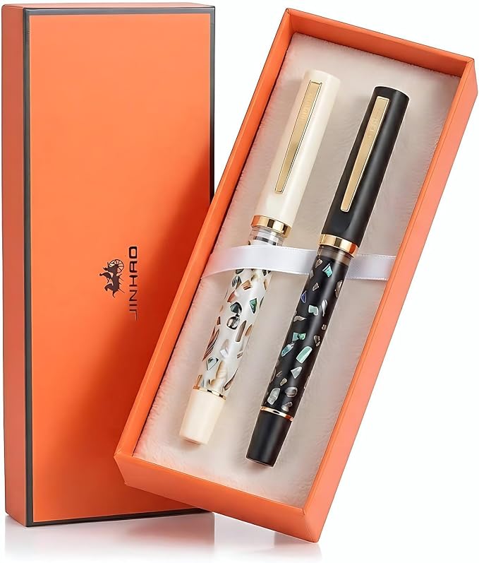 Jinhao 58 Fountain Pen Gift Set of 2 - Natural Sea Shell Inlay Fine Nib Luxury Writing Pens with Jinhao Orange Box & Ink Converters, Black & White