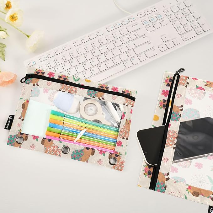 Emelivor Capybara Beach Beige Pencil Pouch for 3 Ring Binder 2 Pcs Pockets Pencil Pouches Bag with Clear Pencil Case Cosmetic Bag for Storing College Office Supplies