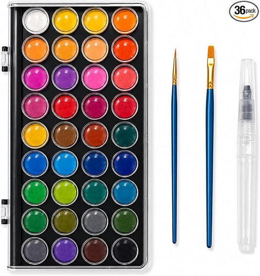 36 Colors Washable Watercolor Paint Set, with 3 Brushes Pen | watercolor palette, Non-toxic Water Color Paints Sets for Kids, Adults Artists Students Beginner,Travel Watercolor Set