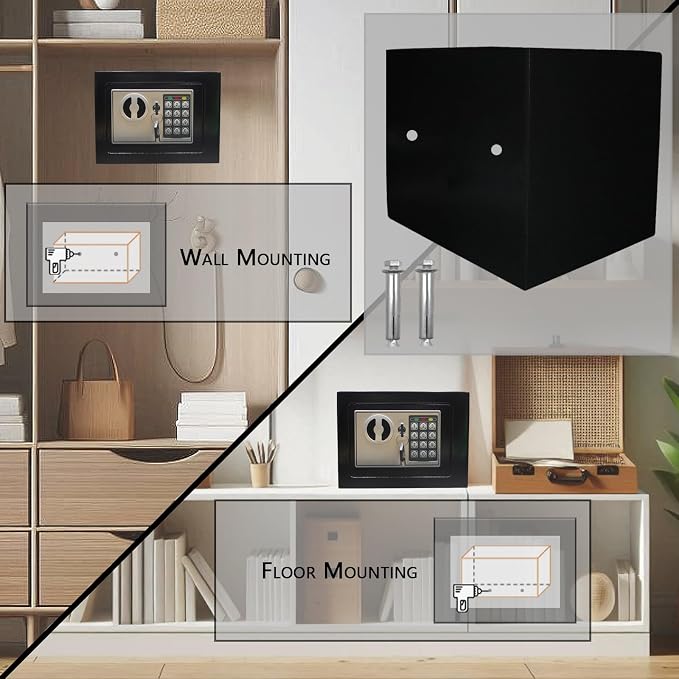 Yuanshikj Small Steel Security Safe Box with Keypad,Key;0.23 CuFt, Black | Electronic Digital Secure,9.1" W x 6.7" D x 6.7" H,Hidden for Home Dorm Apartment Hotel Office Cash Jewelry Storage