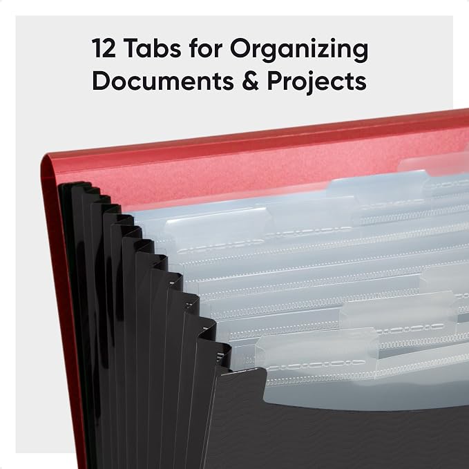 Smead Poly Frequency Expanding File Folders, Flap and Cord Closure, Letter Size, Wave Pattern, 12 Pocket, Red/Black (70866)