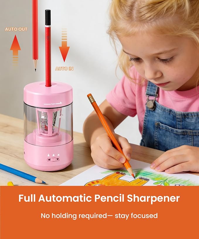 Electric Pencil Sharpener for Classroom, Fully Automatic Pencil Sharpener for 6-8mm Pencils & Colored Pencils, Auto in & Out Type-C Rechargeable Pencil Sharpeners for Home, School Light Pink