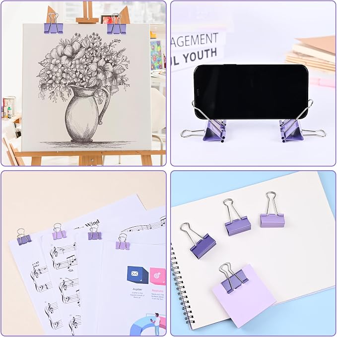 Temiary Aesthetic Binder Clips, Mini Metal Binder Clip with Clear Storage Container, Binding Paperwork Clamps for School Teachers Office Supplies (Purple 0.6 Inch, 60P)
