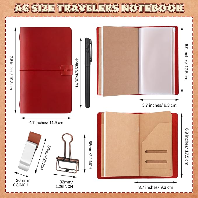 Thenshop Travelers Refillable Leather Journal Notebook Travel Diary Handmade Passport Travelers Journal for Men and Women with 3 Notebook Inserts, Pen Holder, Binder Clip (Red,A6 Size)