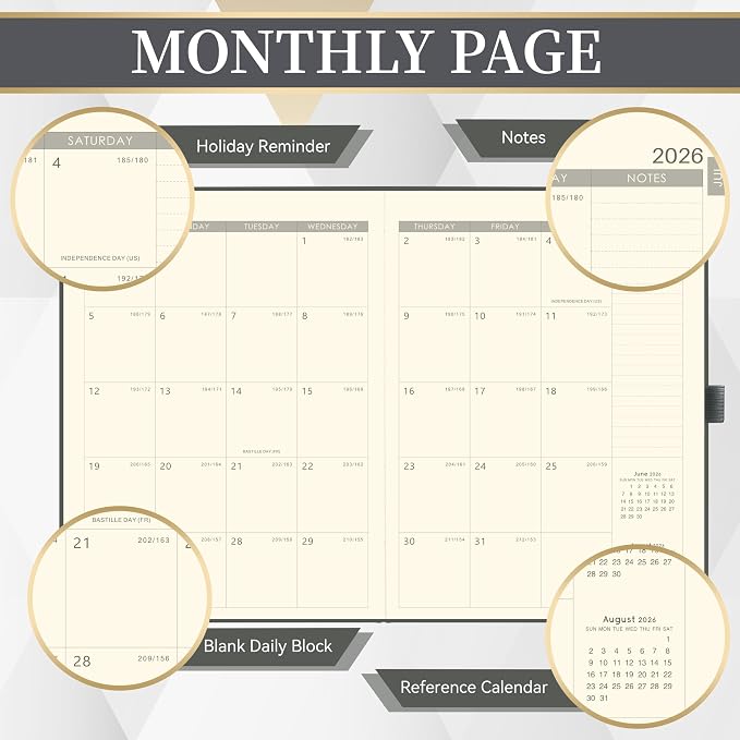 2026-2027 Planner - Weekly and Monthly Planner 2026-2027, Jul. 2026 - Jun. 2027, 9" x 11", 26-27 Calendar Planner with Inner Pocket + Elastic Closure + Pen Loop + Bookmarks, Leather Hardcover - Grey