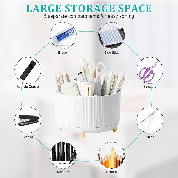 SAYEEC Rotating Pen Holder 5 Slots Desk Organizer with Adjustable Phone Stand White Makeup Brush Holder Organizer Cute Pencil Cup Pot Art Supply Storage Box Caddy for Office School Vanity Bathroom