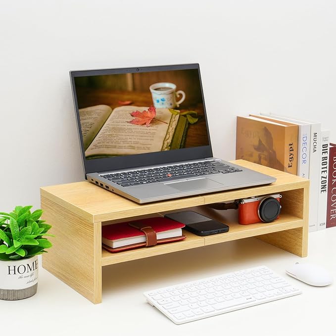 TEAMIX 2 Tiers Desktop Monitor Stand Riser 20 Inch Printer Stand with Storage Small TV Riser Laptop Wooden Desk Organizer Shelf Bookshelf Maple (Natural Maple, 2 Tiers) | Laptop/PC/Printer/Keyboard Storage, Ergonomic Design, 15mm thick Sturdy Wood Boar...