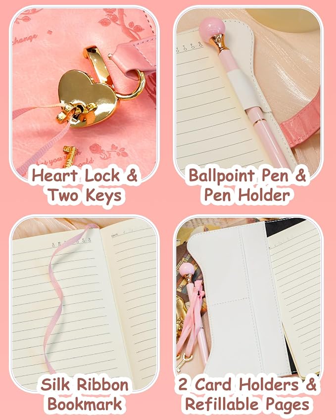 Hoci Poci Diary with Lock and Keys for Girls Gift Ideas, 360 Pages Journal | Elegant Gift Box for Teen Girls, B6 Gold Edged Pages Refillable Notebook with Pen and Bookmark for Writing, Garden Pink