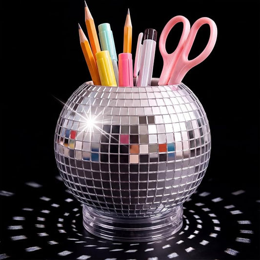 Disco Ball Pencil Holder for Desk 360 Degree Rotating Pen Makeup Brush Organizer with Silver Sequins 4.5 Inch Disco Back to School Desk Accessories for Office Classroom Bedroom Decor