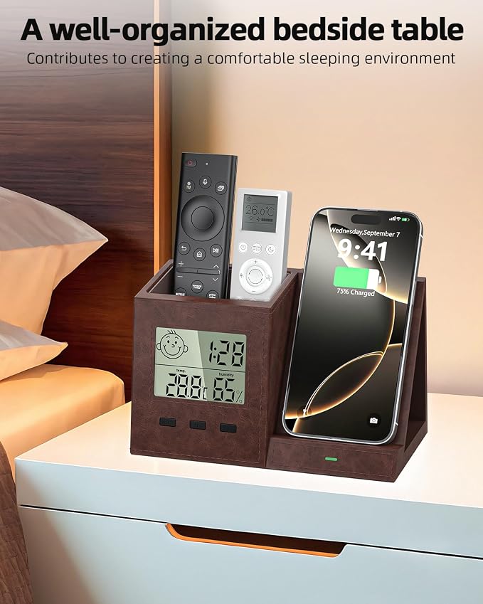 Desk Organizer with Wireless Charger, Digital Clock, Thermometer & Hygrometer - Multi-Functional Pencil Holder, Office Desk Accessories Storage Caddy for Home, Office, Men, Women (Battery Included)