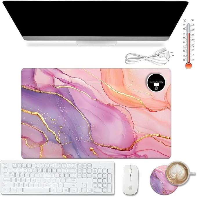 Heated Desk Pad Mouse Pad,Heated Desk Mat,with 3 Heating Levels & 3 Hours Auto Shut-Off,Leather 23.6"*14.2" Gaming Mouse Laptop Mat,Foot Warmer,Pink Golden Marble