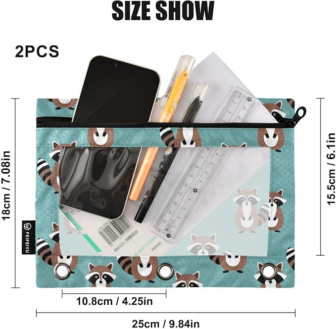 Emelivor Raccoon Teal Pencil Pouch for 3 Ring Binder 2 Pack Binder Pencil Case with Clear Window Pencils Bags with Zipper for Storing College Office Supplies