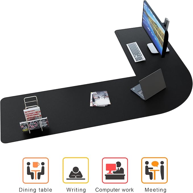 Chihein PU Leather L-Shaped Desk Mat 61" x 80.7" x 23.6" Black | Large Corner Desk Pad Protector, Dual-Side Mouse Pad, Waterproof & Stainproof Worksurface, Non-Slip Base for Office Home