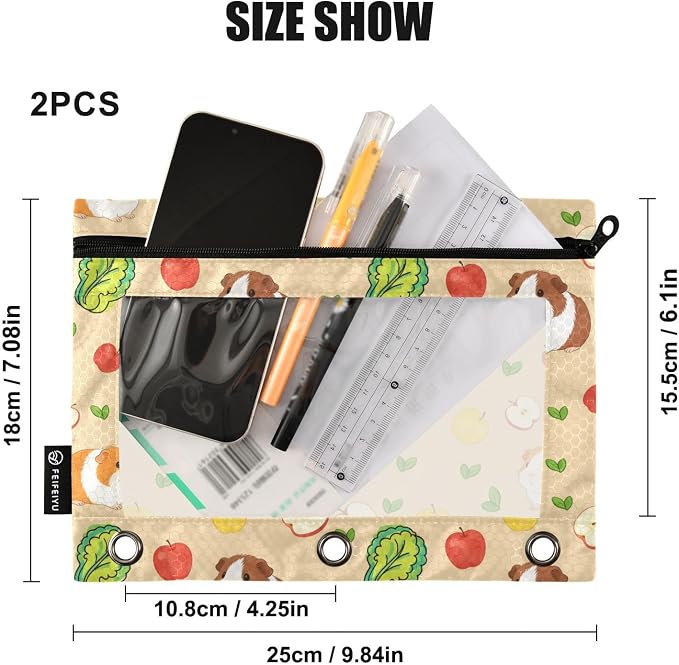 Guinea Pigs Pencil Pouches for 3 Ring Binder, Zipper Binder Pencil Case, 2 Pack Clear Window Case Bag for Office Organizers