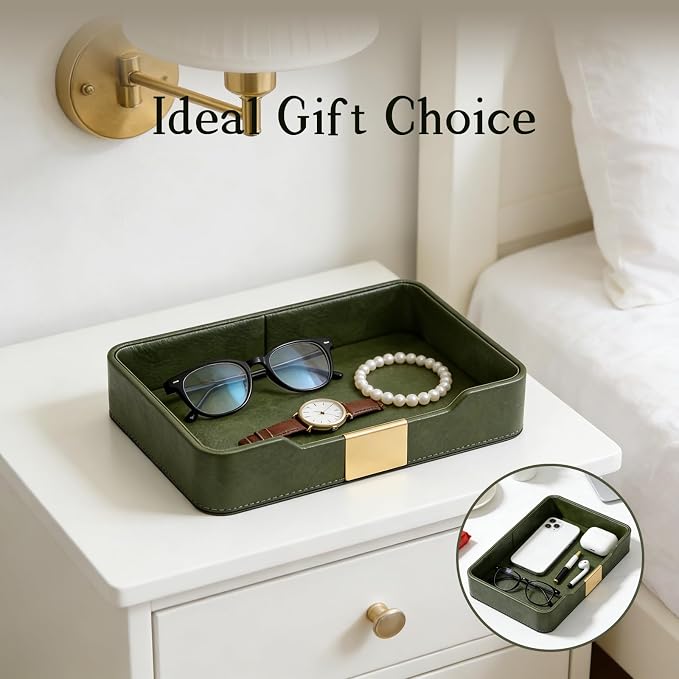 Green Luxury Leather Jewelry Tray - Stylish Desk Accessories & Nightstand Organizer for Holding Jewelry, Watch, Keys, Phone & Wallet (Entryway/Desktop Decor)