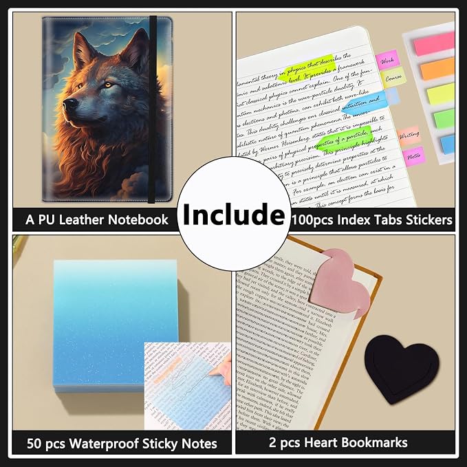 A5 Leather Lined Journal Notebook, 200 Pages Hardcover Executive Notebook for Men Women Office School Note Taking, Thick Writing Paper Daily Journal with Bookmarks/Indexes, Wolf Art