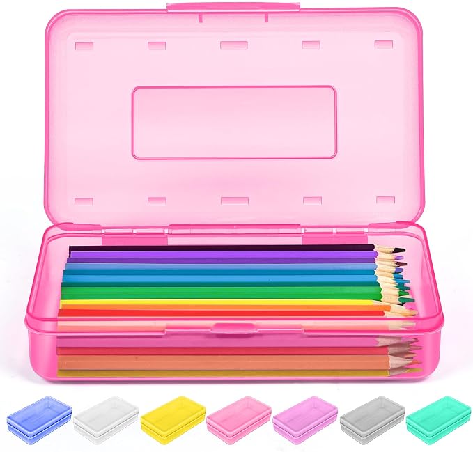 Sooez 1 Pack Pencil Case, Clear Pencil Box with Stickers, Large Plastic Crayon Box with Snap-tight Lid, Stackable Storage Box Art Craft Marker Organizer Box for Kids Boys Back to School, Pink | Clear Pink, Large Capacity, Stickers, Snap-tight Lid, Stac...
