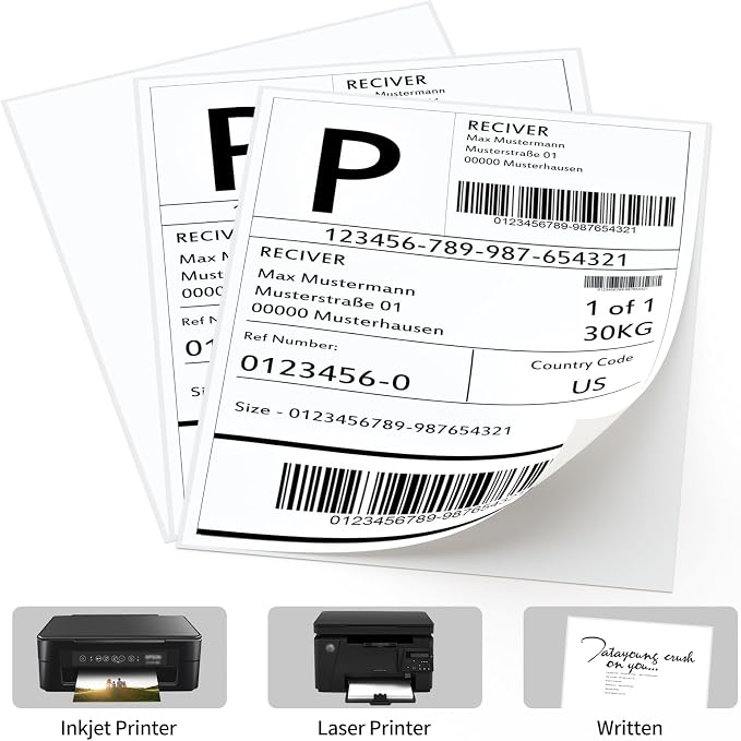Full Sheet Labels, 8.5" x 11" - 100 Sheets Full Page Labels Printable White Sticker Paper for Laser/Inkjet Printers - Matte, Letter Size