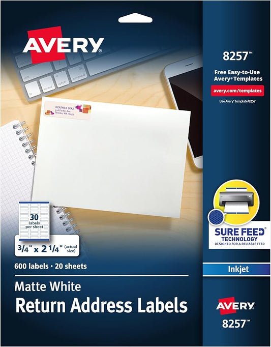Avery Printable Return Address Labels, 0.75" x 2.25", Matte White, Sure Feed Technology, Inkjet Printer Compatible, 600 Blank Labels, Great for Mailing, Branding, School Supplies, and More (8257)