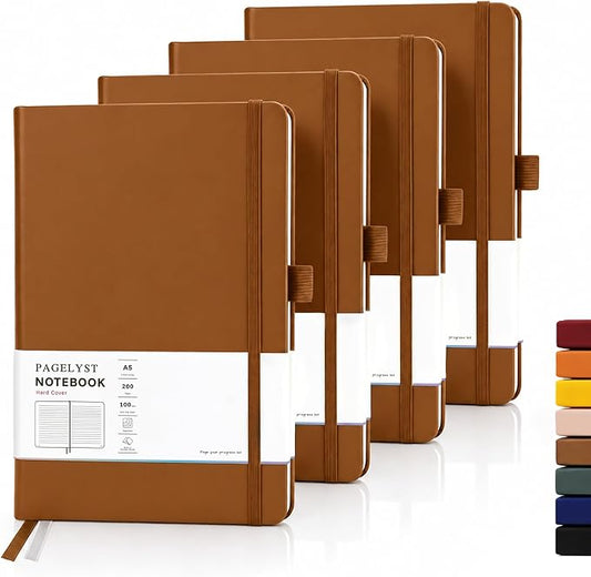 PAGELYST Lined Journal Notebook, 4 Pack Leather Journal for Women Men, 200 Numbered Pages, A5 Medium 5.7'' x 8.3'', 100 GSM Thick Paper for Journaling, Writing, Work & Office (Brown)