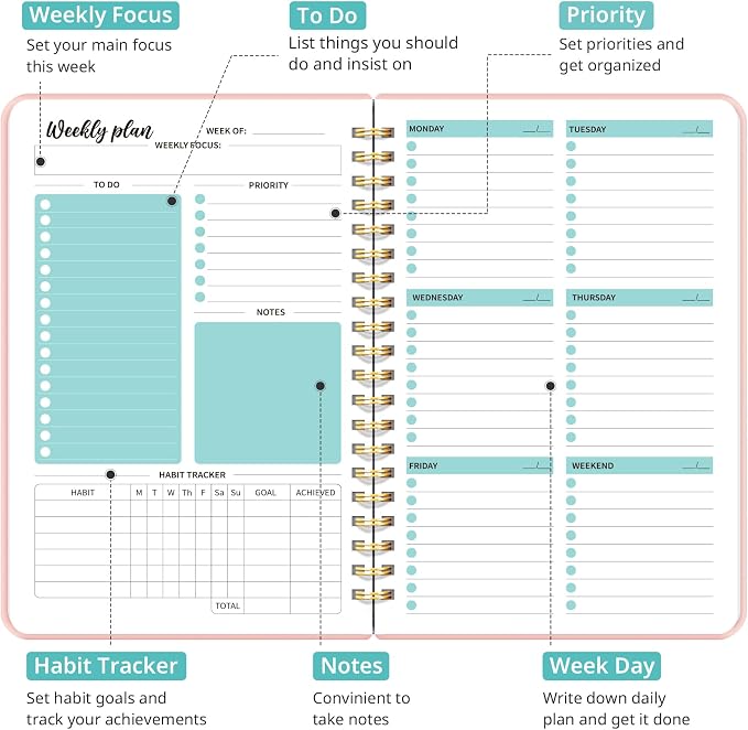 Undated Weekly Planner, Weekly To Do List Notebook with Goal & Habit Tracker Organizer, A5 Weekly Planner Notebook with Spiral Binding, 6.1" x 8.2" - Rosy