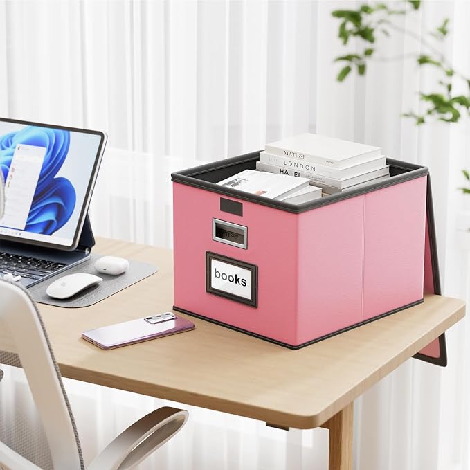 Portable Leather File Organizer Boxes with Lids, Office Document Boxes Organizer, Filing Boxes, Decorative Small File Boxes for Hanging Files, File Cabinet for Office/Home - 4 Pack
