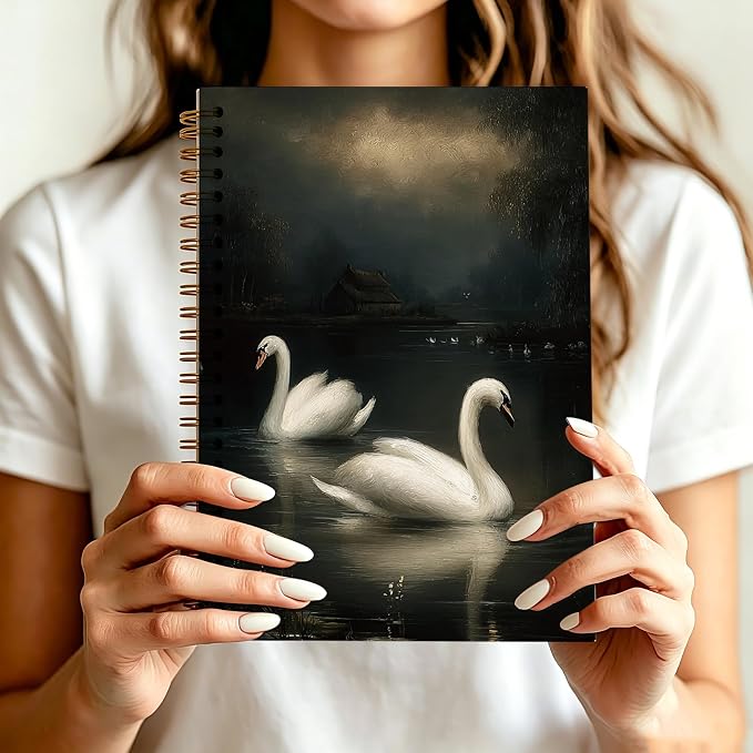 HOXUNQINA Dark Moody Swan Journal Notebook 5.5x8.3 | Swan Gifts for Women Journal, Dark Academia Gothic Moody White Swans Notebooks for Work