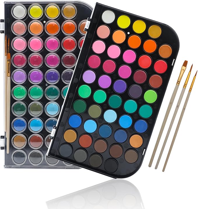 Artecho 48 Colors Watercolor Paint Set, Portable Travel Watercolor Cake Kit with 3 Brushes, Easy-Clean Washable Paint for Card Making, Illustrations, Painting, Calligraphy