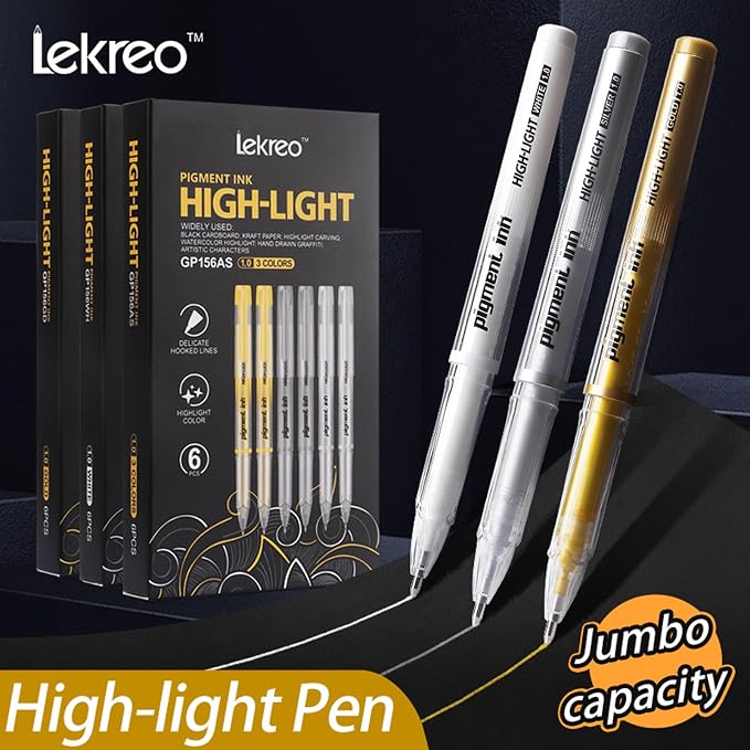 Gold Silver White Ink Gel Pens, 1mm Medium Fine Point, Opaque archival Ink Pen for Dark Paper Drawing,Sketching, Illustration, Card Making, Bullet Journaling (Assorted Color - 6 Packs)