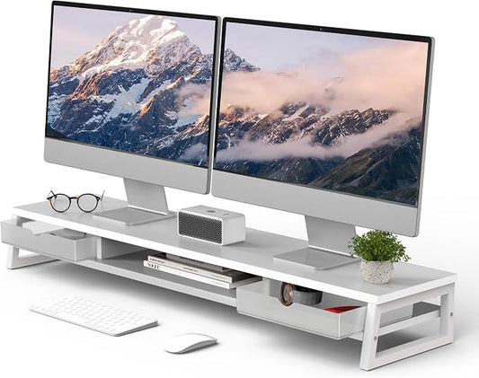 Fenge Dual Monitor Stand Riser, 42.5in Desk Shelf with 2 Drawers, White | 2-Tier Monitor Shelf for Desk, Storage Drawer with Stopper, Frosted, fit Home Office, Ultrawide Screen, PC, Laptop, TV