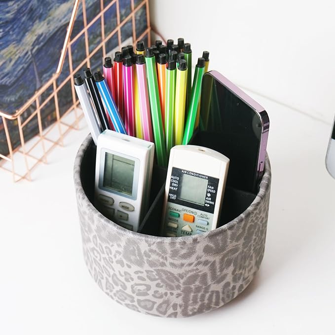 Round Leather Art Supply Organizer,Remote Control Holder,360 Degree Rotating,Multi-Functional Pencil Holder,4 Compartments Desktop Stationary Organizer(1-Leopard Grey)