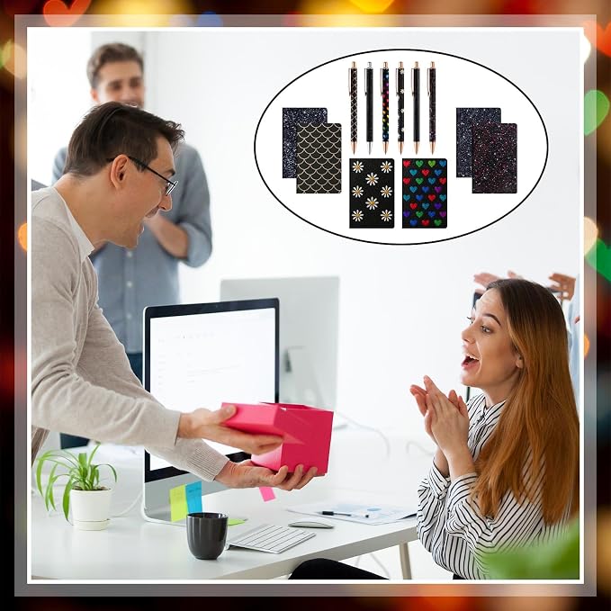 12 Set Cute Mini Notebook and Fancy Pen Gift Set for Women 6 Mini Glitter Pocket Notepad 6 Cute Sparkly Glitter Pen for Girl Office First Day of School Mother's Day Christmas Graduation(Black)