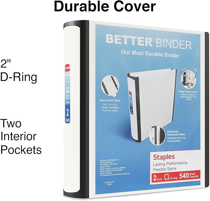 Staples Better Binder 2 Inch 3-Ring Binder, White, Wide Spine View Binder with Locking Rings, Durable Office Binder, 2 Pack