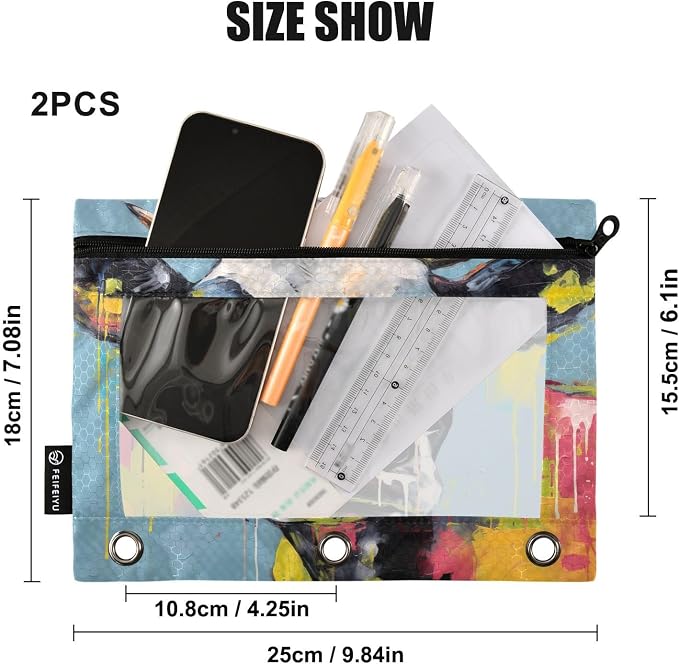Funny Cow Farm Animals Pencil Pouch Fits standard 3-ring binders, Zipper Binder Pencil Bag with Clear Window for Class Office 2 Pack