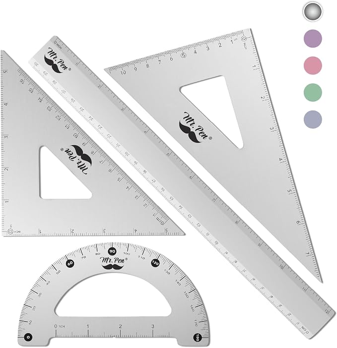 Mr. Pen- Metal Geometry Kit, 4 Pack, 45° & 30°/60° Set Squares | 6" Protractor & 12" Ruler, Durable Metal Drafting Tools for Technical Drawing, Math, Engineering & Architecture