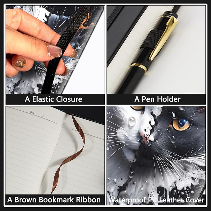 A5 Leather Lined Journal Notebook, 200 Pages Hardcover Executive Notebook for Men Women Office School Note Taking, Thick Writing Paper Daily Journal with Bookmarks/Indexes, Black and White Cat