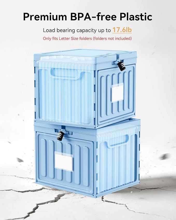 Oterri Lockable Plastic File Box with Lid for Letter-Size | Hanging File Folders Not Included. Blue, Large 2-Pack. Home, Office, Classroom, Dorm, Tax, Under Bed, Filing Cabinet.